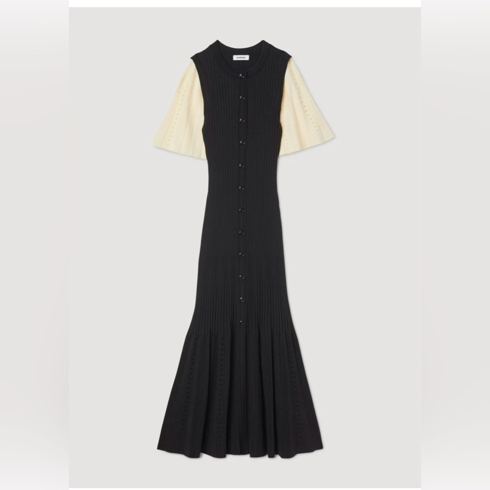 Sandro Black and Cream Pleated Midi dress 38 - Picture 2 of 11